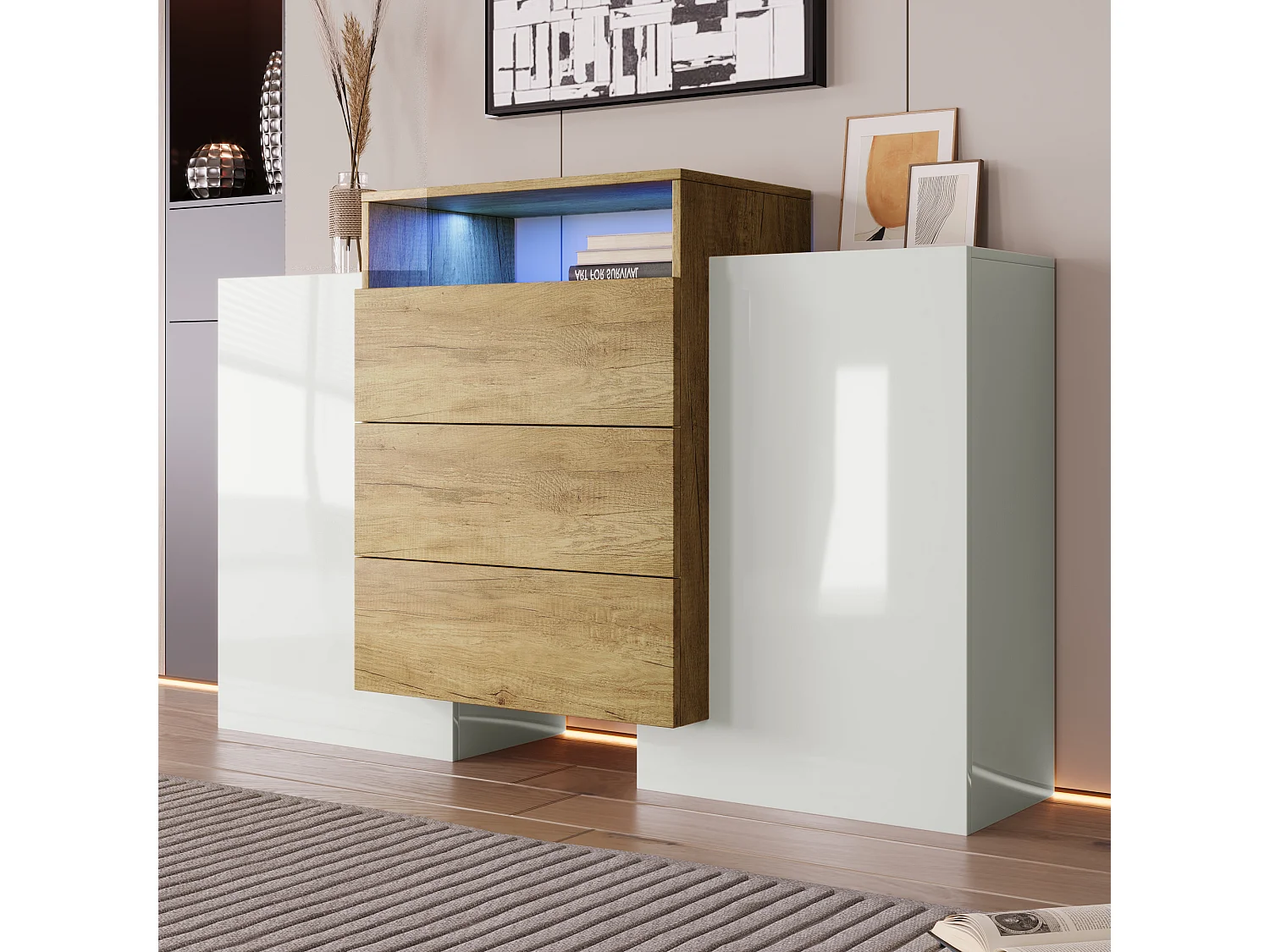 Dressoir 140x37,5x90,5cm met 3 lades en 2 deuren, 1 nis met LED, body in hout en wit fineer
