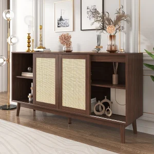 Dressoir 155x38x80cm met 3 schuifdeuren van rotan en 2 laden, kast in bruin houtnerffineer Dressoir 155x38x80cm met 3 schuifdeuren van rotan en 2 laden, kast in bruin houtnerffineer