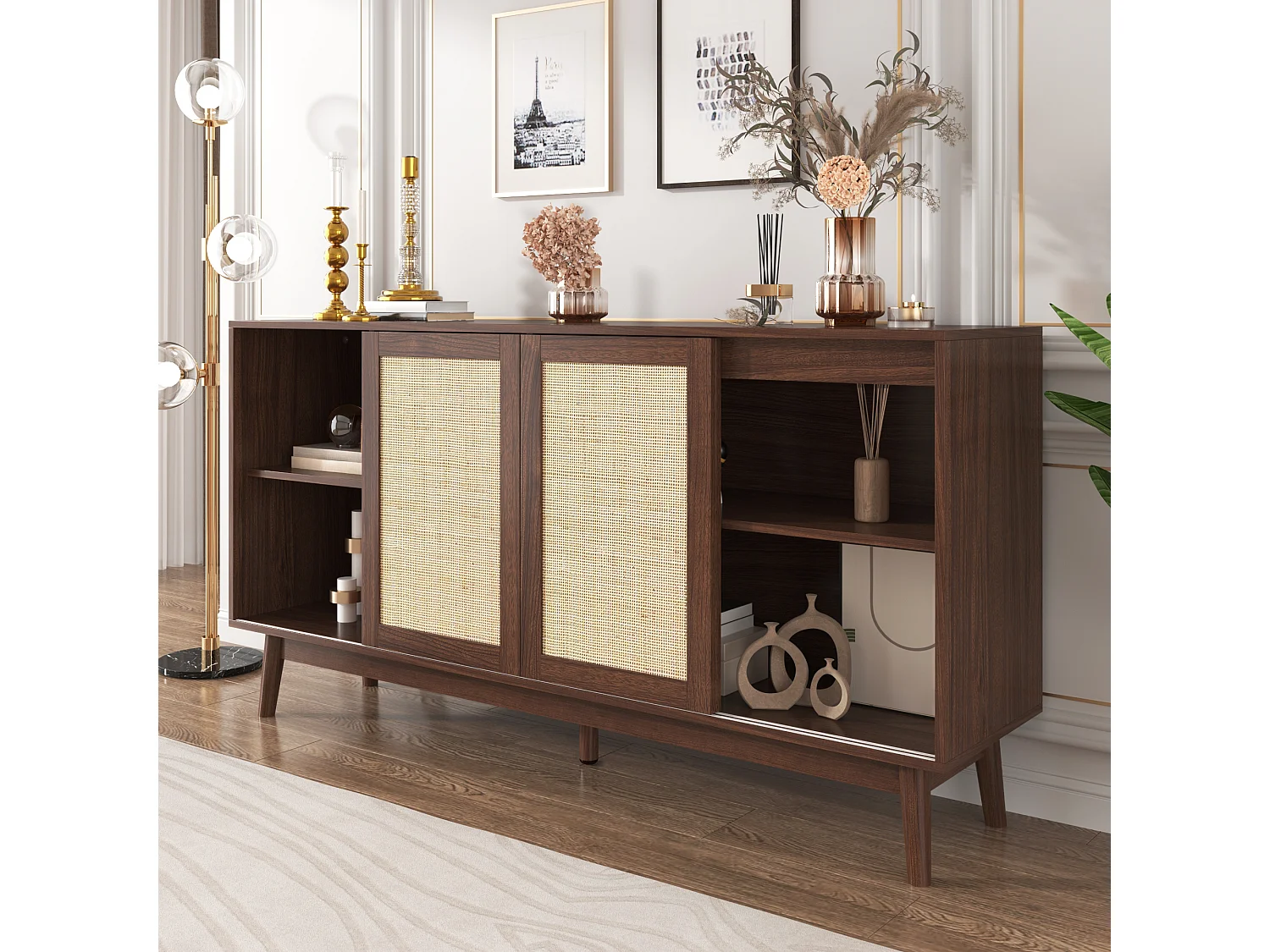Dressoir 155x38x80cm met 3 schuifdeuren van rotan en 2 laden, kast in bruin houtnerffineer