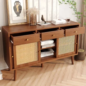 Dressoir 120x40x78cm met 3 lades en 3 schuifdeuren van rotan, kast van walnootfineer Dressoir 120x40x78cm met 3 lades en 3 schuifdeuren van rotan, kast van walnootfineer