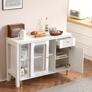 Dressoir 122x80x82cm met 3 deuren en 1 lade, uitschuifbaar en draaibaar bovenblad, witte behuizing Dressoir 122x80x82cm met 3 deuren en 1 lade, uitschuifbaar en draaibaar bovenblad, witte behuizing