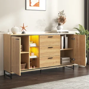 Dressoir 160x40x85cm met 3 laden, 2 deuren, 3 nissen en LED, body in licht natuurlijk houtfineer