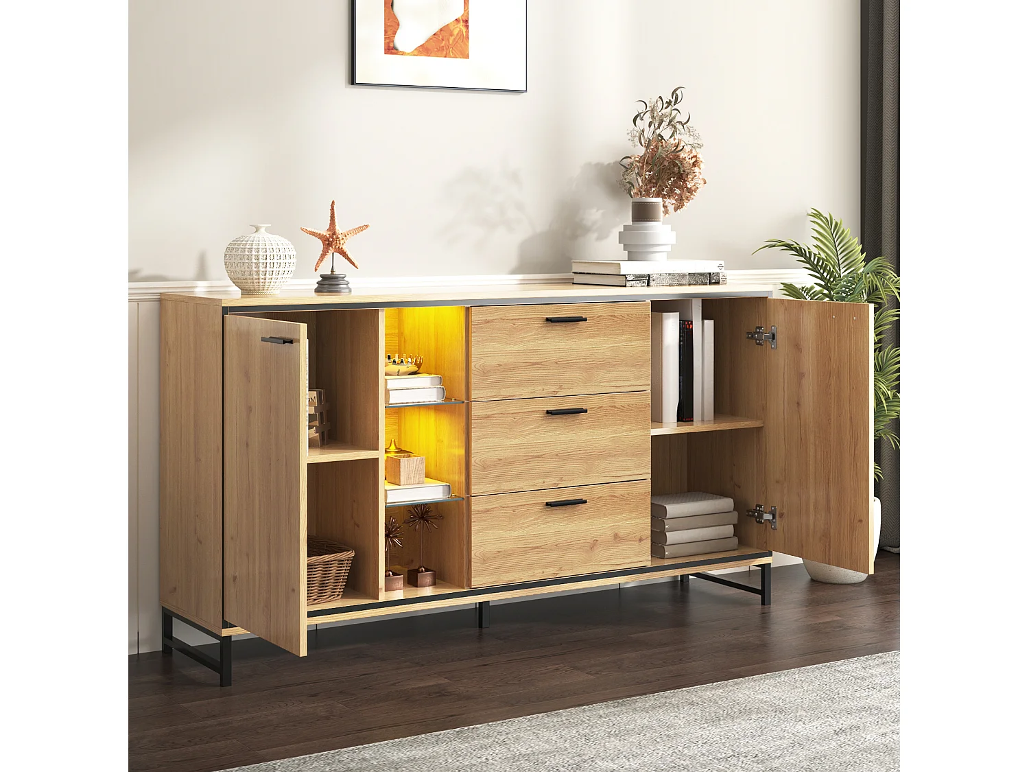 Dressoir 160x40x85cm met 3 laden, 2 deuren, 3 nissen en LED, body in licht natuurlijk houtfineer