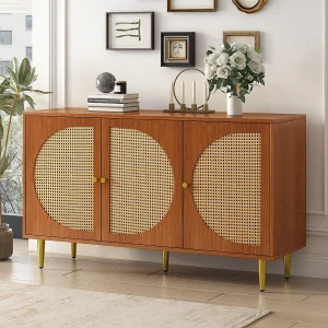 Dressoir 129,8x40x76cm met 3 rotan deuren, walnoot fineer body en zwarte poten Dressoir 129,8x40x76cm met 3 rotan deuren, walnoot fineer body en zwarte poten
