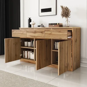 Dressoir 135x40x81cm met 3 lades en 3 deuren, kast in licht natuurlijk hout Dressoir 135x40x81cm met 3 lades en 3 deuren, kast in licht natuurlijk hout
