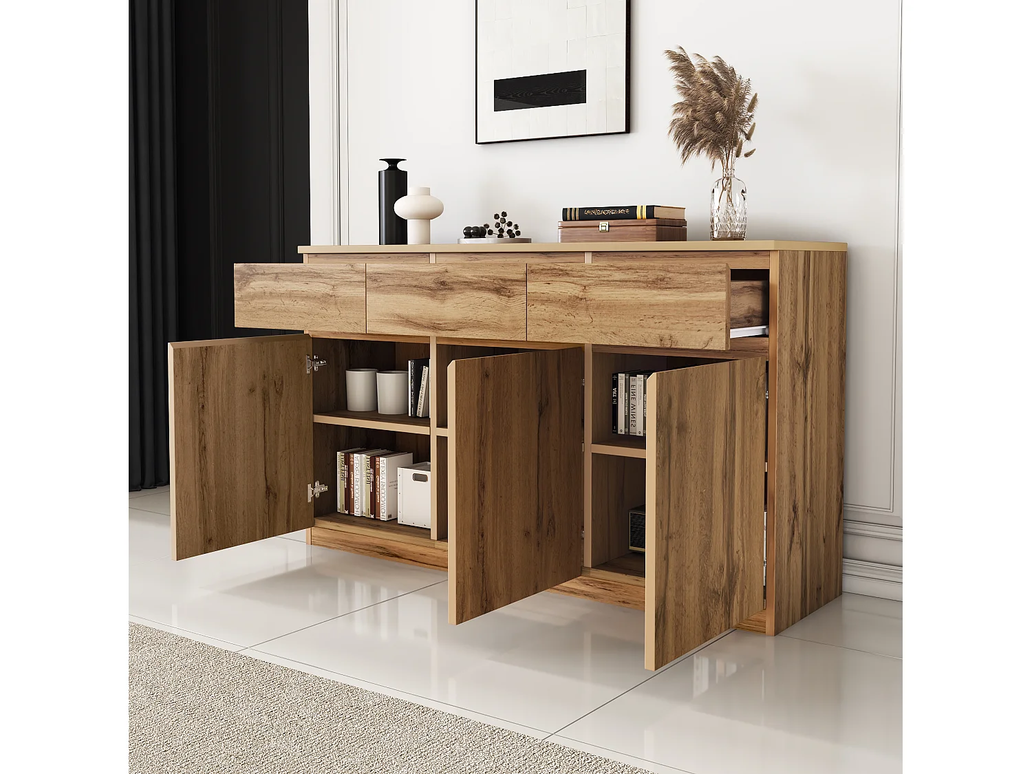 Dressoir 135x40x81cm met 3 lades en 3 deuren, kast in licht natuurlijk hout