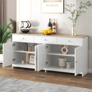 Dressoir 160x37x75cm met 4 deuren en 3 laden, wit, bovenblad met natuurlijke houtafwerking Dressoir 160x37x75cm met 4 deuren en 3 laden, wit, bovenblad met natuurlijke houtafwerking