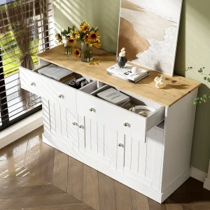 Dressoir 120x36x80,5cm met 2 lades en 3 deuren, licht natuurlijk houtnerf bovenblad, witte body met zilveren handgrepen Dressoir 120x36x80,5cm met 2 lades en 3 deuren, licht natuurlijk houtnerf bovenblad, witte body met zilveren handgrepen