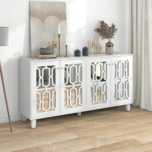 Dressoir 160x40x84cm met 4 spiegeldeuren, romp in wit gelakt