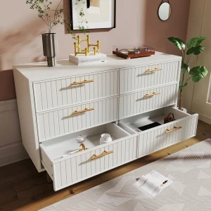 Dressoir 120x40x75,5cm met 6 lades, gouden poten en handgrepen, witte body