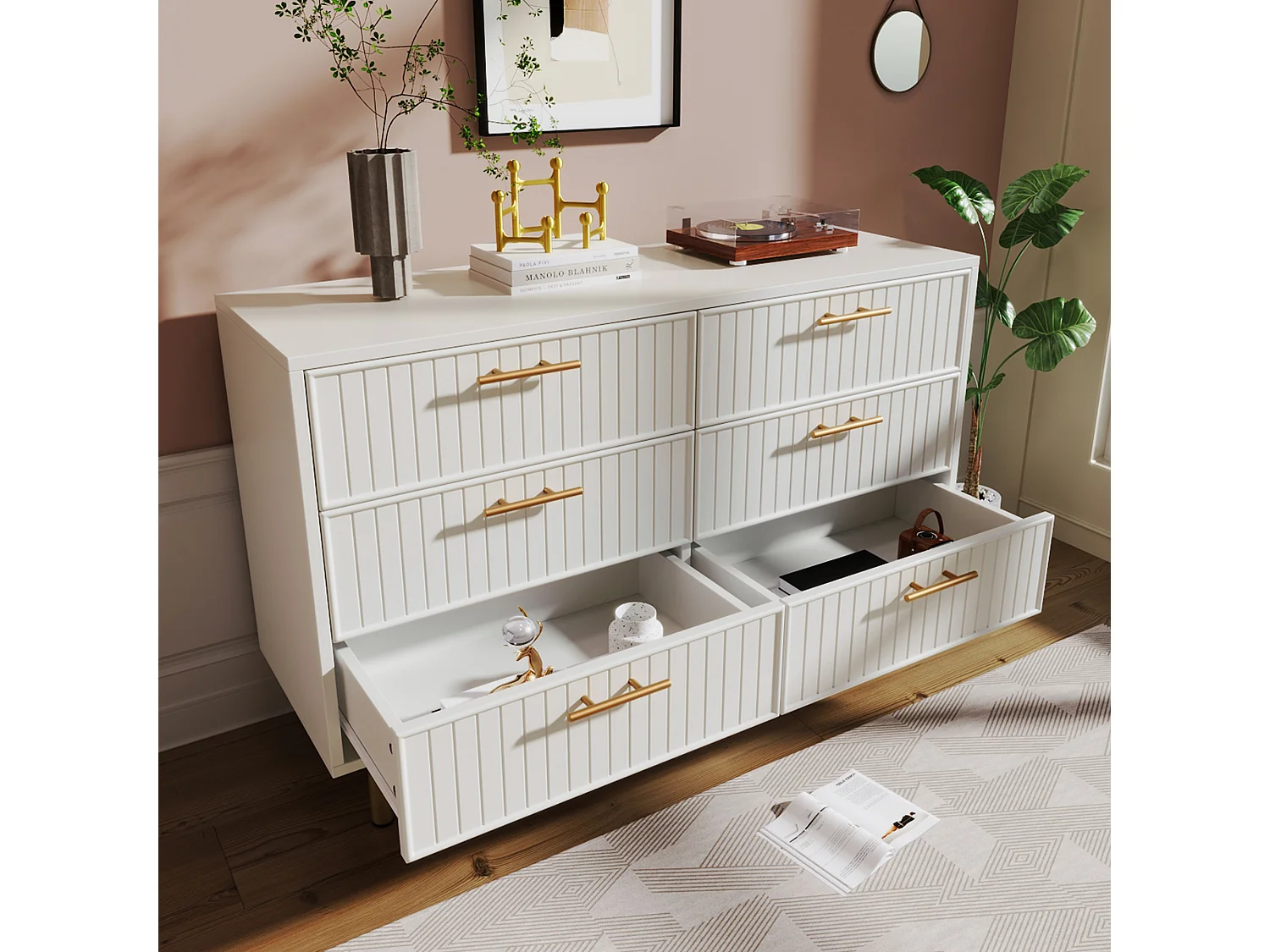 Dressoir 120x40x75,5cm met 6 lades, gouden poten en handgrepen, witte body
