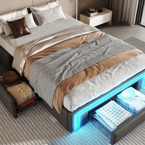 Gestoffeerd bed 90×200 cm – met 3 lades – van PU-leer – zonder hoofdeinde – met LED-verlichting – grijs Gestoffeerd bed 90×200 cm – met 3 lades – van PU-leer – zonder hoofdeinde – met LED-verlichting – grijs