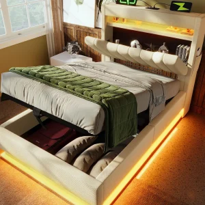 Gestoffeerd opbergbed 90×200 cm – met LED – met USB- en Type-C-poorten – Linnenstof – Hoofdeinde met opbergruimte – Beige Gestoffeerd opbergbed 90×200 cm – met LED – met USB- en Type-C-poorten – Linnenstof – Hoofdeinde met opbergruimte – Beige
