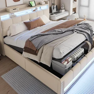 Zacht gevoerd opbergbed 180×200 cm – met LED-verlichting – met USB-aansluiting – linnen – beige (matras niet inbegrepen)