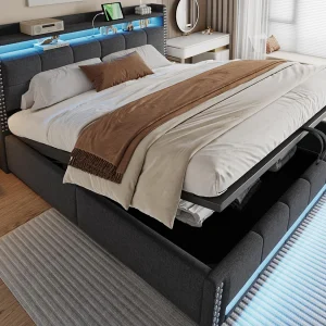 Zacht gevoerd opbergbed 180×200 cm – met LED-verlichting – met USB – linnen – grijs (matras niet inbegrepen)