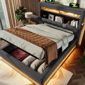 Gestoffeerd opbergbed 90×200 cm – met LED – met USB- en Type-C-poorten – Linnenstof – Hoofdeinde met opbergruimte – Grijs Gestoffeerd opbergbed 90×200 cm – met LED – met USB- en Type-C-poorten – Linnenstof – Hoofdeinde met opbergruimte – Grijs