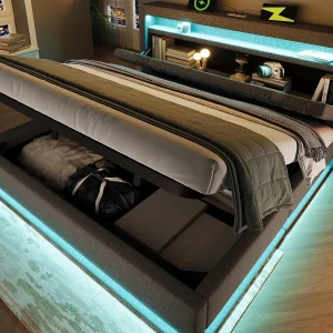 Gestoffeerd opbergbed 140×200 cm – met LED – met USB- en Type-C-poorten – Linnenstof – Hoofdeinde met opbergruimte – Grijs Gestoffeerd opbergbed 140×200 cm – met LED – met USB- en Type-C-poorten – Linnenstof – Hoofdeinde met opbergruimte – Grijs
