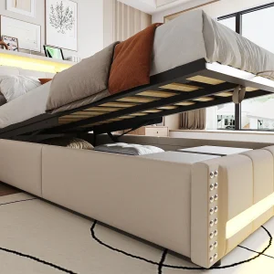 Zacht gevoerd opbergbed 90×200 cm – met LED-verlichting – met USB-aansluiting – linnen – beige (matras niet inbegrepen)