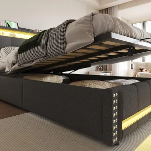 Zacht gevoerd opbergbed 90×200 cm – met LED-verlichting – met USB – linnen – grijs (matras niet inbegrepen)