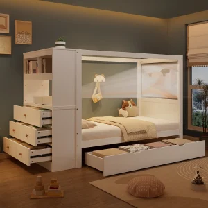 Eenpersoonsbed kinderbed – 90 x 200 cm – met opbergmeubel + 5 lades – grenen + PB – wit + naturel Eenpersoonsbed kinderbed – 90 x 200 cm – met opbergmeubel + 5 lades – grenen + PB – wit + naturel