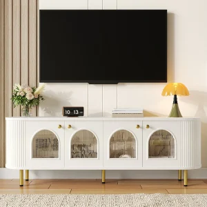 Elegante tv-kast – Witte tv-kast met 4 golvende deuren – gouden handgrepen en poten – voor woonkamers en slaapkamers Elegante tv-kast – Witte tv-kast met 4 golvende deuren – gouden handgrepen en poten – voor woonkamers en slaapkamers