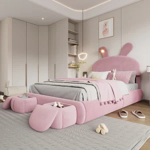 Eenpersoonsbed 140×200 cm – Kinderbed met twee opbergbanken en warme lichtstrip – roze fluweel – zonder matras