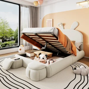Eenpersoonsbed 140×200 cm – Kinderbed met twee opbergbanken en warme lichtstrip – beige fluweel – zonder matras