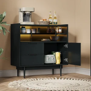 Dressoir 80x35x180cm met 3 deuren waarvan 2 schuifdeuren, 2 lades en LED, zwarte MDF body Dressoir 80x35x180cm met 3 deuren waarvan 2 schuifdeuren, 2 lades en LED, zwarte MDF body