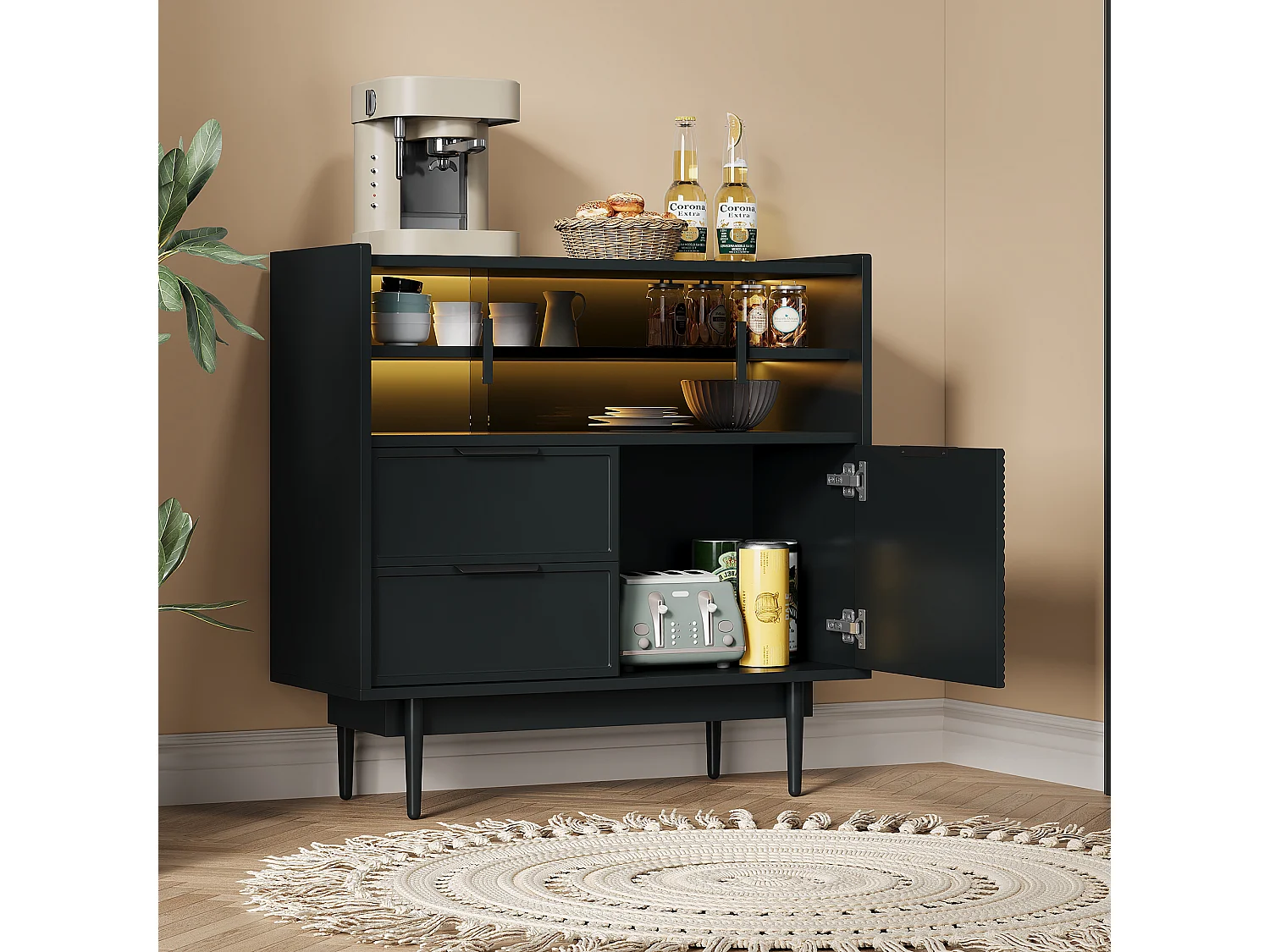 Dressoir 80x35x180cm met 3 deuren waarvan 2 schuifdeuren, 2 lades en LED, zwarte MDF body