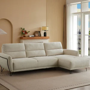 Hoekbank met rechte hoek van beige gestructureerde stof met verstelbare rugleuning DURIM Hoekbank met rechte hoek van beige gestructureerde stof met verstelbare rugleuning DURIM