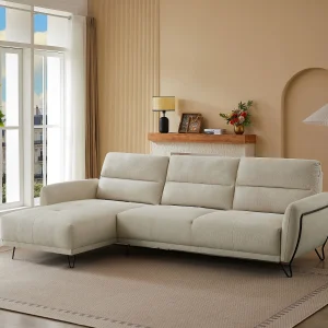 Hoekbank links van beige textuurstof met verstelbare rugleuning DURIMA Hoekbank links van beige textuurstof met verstelbare rugleuning DURIMA