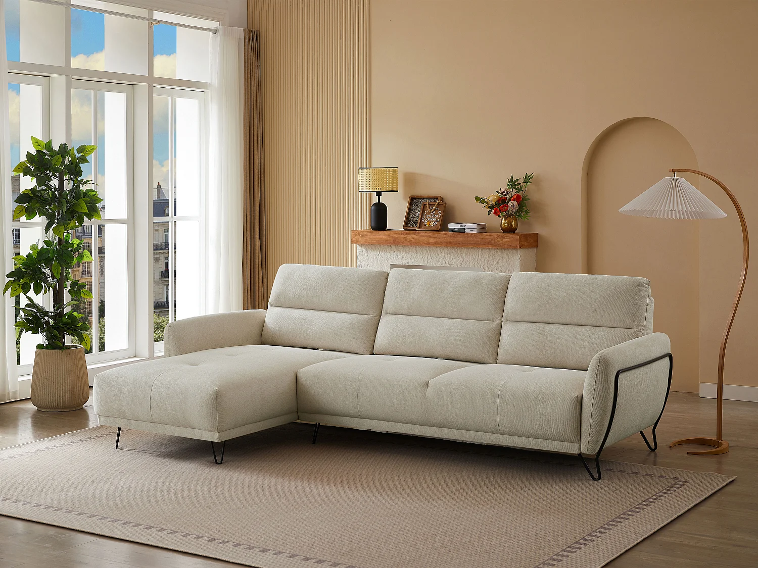 Hoekbank links van beige textuurstof met verstelbare rugleuning DURIMA