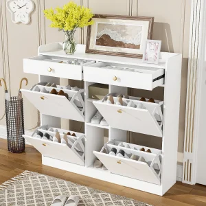 Elegante schoenenkast met 4 draaideuren, 2 lades en 3 open vakken, wit. Elegante schoenenkast met 4 draaideuren, 2 lades en 3 open vakken, wit.