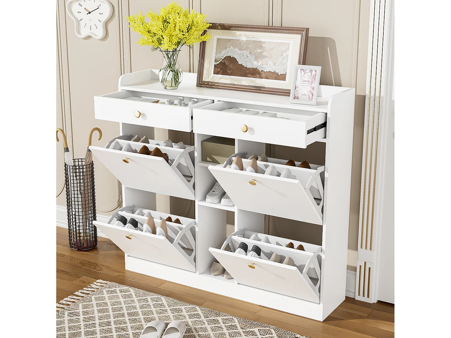 Elegante schoenenkast met 4 draaideuren, 2 lades en 3 open vakken, wit.
