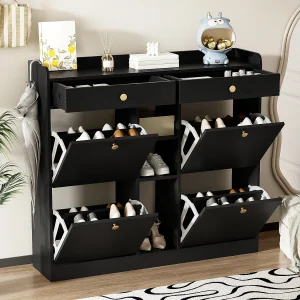 Elegante schoenenkast met 4 draaideuren, 2 lades en 3 open vakken, zwart. Elegante schoenenkast met 4 draaideuren, 2 lades en 3 open vakken, zwart.