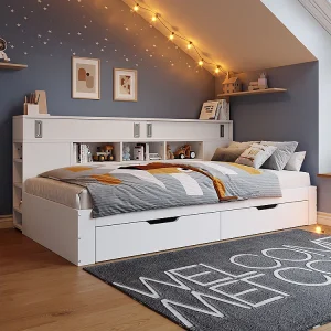 Eenpersoonsbed voor kinderen 90 x 200 cm, met lades, planken en opbergkast, opbergruimte onder het bed, zonder matras, wit. Eenpersoonsbed voor kinderen 90 x 200 cm, met lades, planken en opbergkast, opbergruimte onder het bed, zonder matras, wit.
