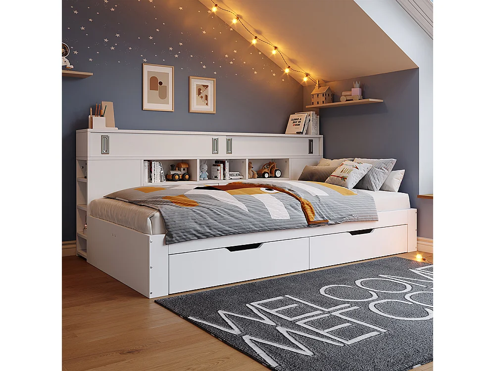 Eenpersoonsbed voor kinderen 90 x 200 cm, met lades, planken en opbergkast, opbergruimte onder het bed, zonder matras, wit.