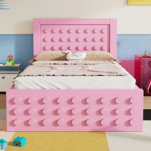 Eenpersoonsbed voor kinderen 90 x 190 cm, creatief ontwerp in de vorm van bouwblokken, massief hout, met lade, roze. Eenpersoonsbed voor kinderen 90 x 190 cm, creatief ontwerp in de vorm van bouwblokken, massief hout, met lade, roze.