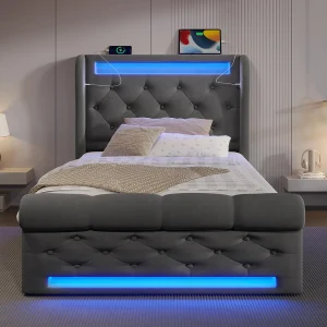 Eenpersoonsbed voor volwassenen 90 x 200 cm, met ledverlichting, USB- en Type-C-poorten, hydraulisch systeem, grijs, fluweel Eenpersoonsbed voor volwassenen 90 x 200 cm, met ledverlichting, USB- en Type-C-poorten, hydraulisch systeem, grijs, fluweel