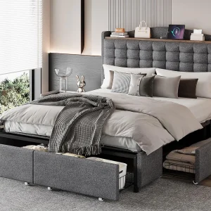 Gepolsterd bed 140×200 cm – Volwassen bed – Met USB-oplaadpoort – Met 4 lades – Linnen – Grijs (zonder matras) Gepolsterd bed 140×200 cm – Volwassen bed – Met USB-oplaadpoort – Met 4 lades – Linnen – Grijs (zonder matras)
