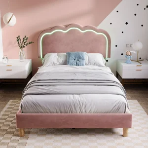 Eenpersoonsbed 90×200 cm met LED-verlichting, frame met lattenbodem en verstelbaar hoofdbord, in roze fluweel (zonder matras) Eenpersoonsbed 90×200 cm met LED-verlichting, frame met lattenbodem en verstelbaar hoofdbord, in roze fluweel (zonder matras)