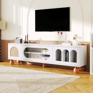 Elegant tv-meubel met schuifdeuren van glas, open boogvormige gedeelten en massief houten poten, wit. Elegant tv-meubel met schuifdeuren van glas, open boogvormige gedeelten en massief houten poten, wit.