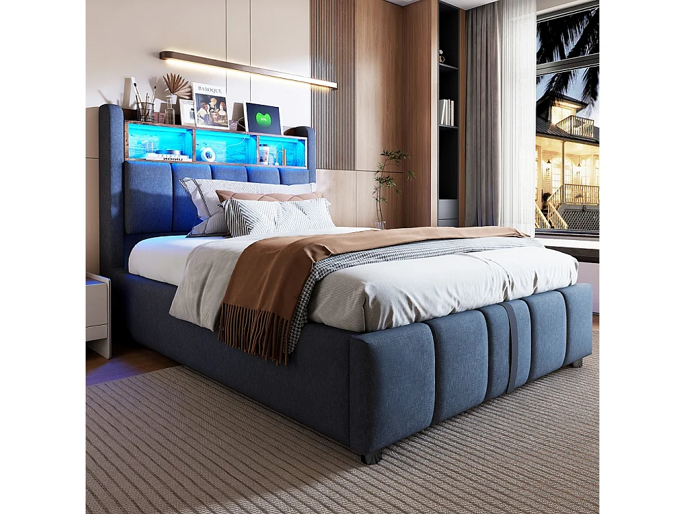 Eenpersoonsbed voor kinderen 90 x 200 cm, met LED-verlichting en USB-poort, grijs linnen