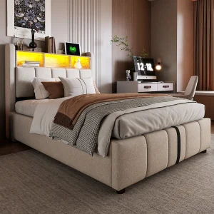 Eenpersoonsbed voor kinderen 90 x 200 cm, met ledverlichting en USB-poort, beige, linnen Eenpersoonsbed voor kinderen 90 x 200 cm, met ledverlichting en USB-poort, beige, linnen