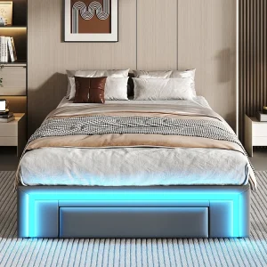 Eenpersoonsbed, 90 x 200 cm, met lades, zonder hoofdeinde, PU, ledstrip, metalen latten, grijs Eenpersoonsbed, 90 x 200 cm, met lades, zonder hoofdeinde, PU, ledstrip, metalen latten, grijs
