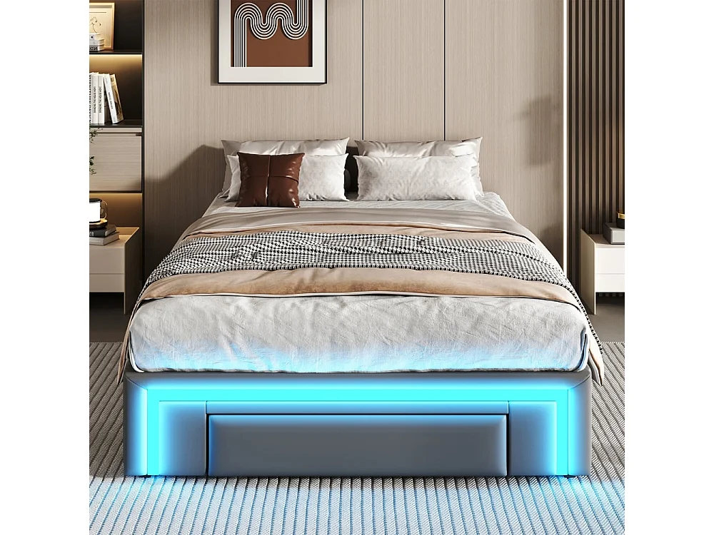 Eenpersoonsbed, 90 x 200 cm, met lades, zonder hoofdeinde, PU, ledstrip, metalen latten, grijs