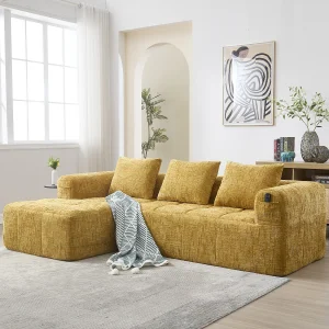 Gele hoekbank – met opbergvakken en 3 kussens – chenille – met chaise longue en armleuningen Gele hoekbank – met opbergvakken en 3 kussens – chenille – met chaise longue en armleuningen