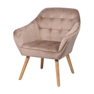 Fluwelen fauteuil in beige met houten poten – 74x70xH85 cm, zithoogte 43 cm – Collectie VELUREA Fluwelen fauteuil in beige met houten poten – 74x70xH85 cm, zithoogte 43 cm – Collectie VELUREA