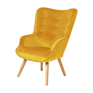 Gele mosterd fluwelen lounge stoel met houten poten uit de ENJOY collectie. Scandinavische stijl Gele mosterd fluwelen lounge stoel met houten poten uit de ENJOY collectie. Scandinavische stijl