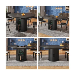 Eettafel voor 6 personen – 118/158 x 118 x 76,8 cm – uitschuifbaar blad + met opbergruimte – MDF – zwart Eettafel voor 6 personen – 118/158 x 118 x 76,8 cm – uitschuifbaar blad + met opbergruimte – MDF – zwart